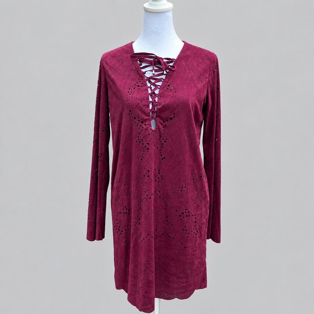 Cozy Season Buffalo David Bitton Burgundy Faux Suede Lace Up Dress XS Boho laser